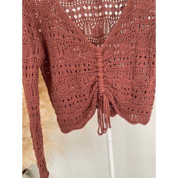 Lulus Only Yours Crochet Ruched Cinch Front Top Size Small Mauve Long Sleeve - Picture 5 of 8